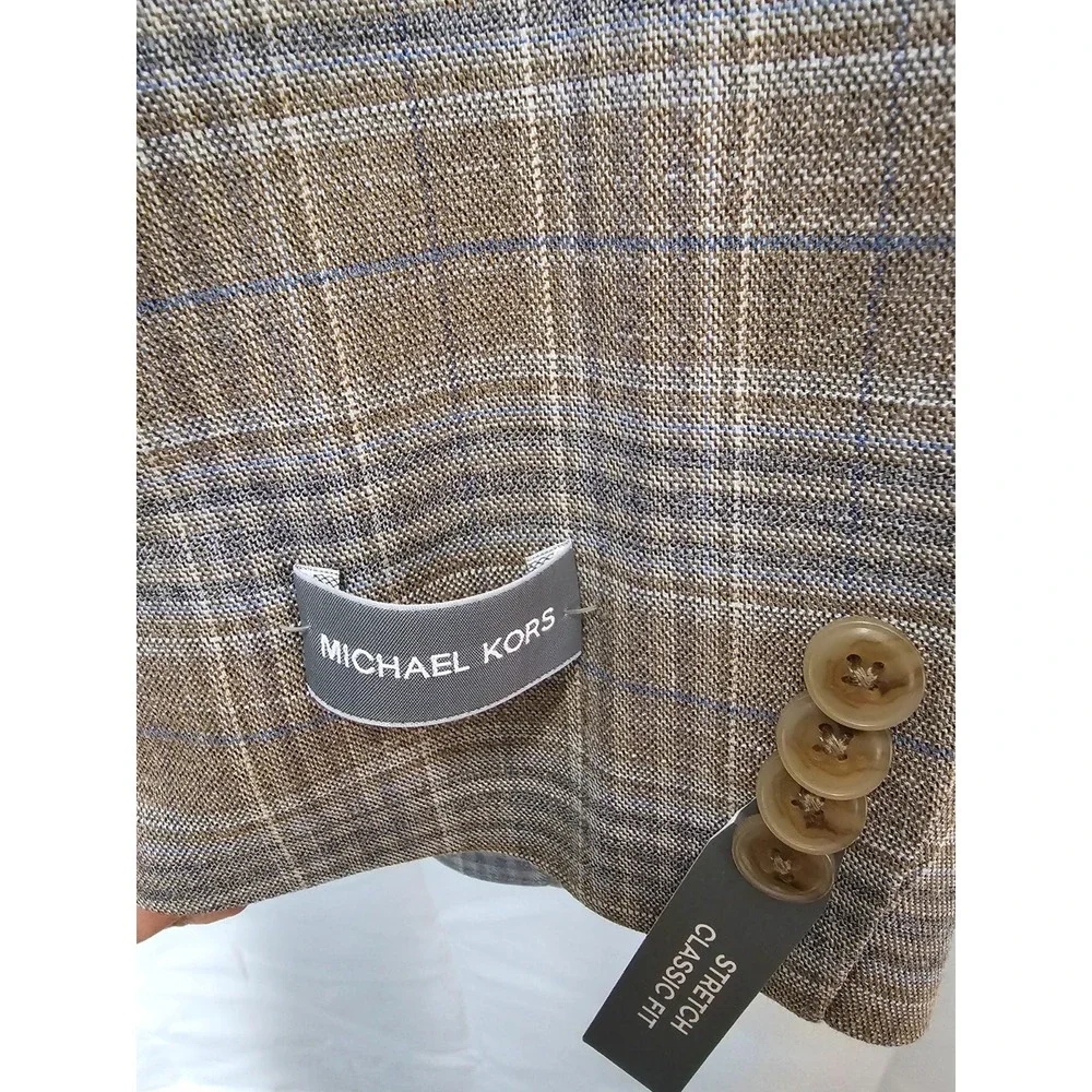 Michael Kors Kent Sport Coat Mens 52R Taupe Blue Plaid Classic Fit Blazer‎